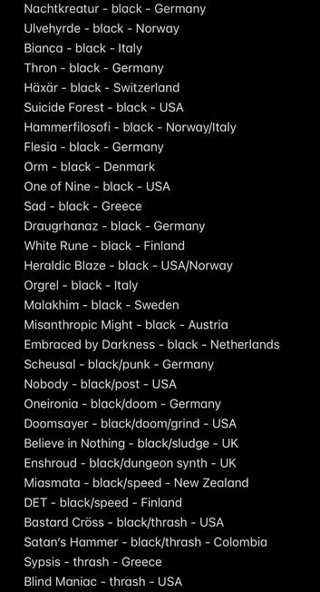 Nachtkreatur - black - Germany
Ulvehyrde - black - Norway
Bianca - black - Italy
Thron - black - Germany
Häxär - black - Switzerland
Suicide Forest - black - USA
Hammerfilosofi - black - Norway/Italy
Flesia - black - Germany
Orm - black - Denmark
One of Nine - black - USA
Sad - black - Greece
Draugrhanaz - black - Germany
White Rune - black - Finland
Heraldic Blaze - black - USA/Norway
Orgrel - black - Italy
Malakhim - black - Sweden
Misanthropic Might - black - Austria
Embraced by Darkness - black - Netherlands
Scheusal - black/punk - Germany
Nobody - black/post - USA
Oneironia - black/doom - Germany
Doomsayer - black/doom/grind - USA
Believe in Nothing - black/sludge - UK
Enshroud - black/dungeon synth - UK
Miasmata - black/speed - New Zealand
DET - black/speed - Finland
Bastard Cröss - black/thrash - USA
Satan's Hammer - black/thrash - Colombia
Sypsis - thrash - Greece
Blind Maniac - thrash - USA