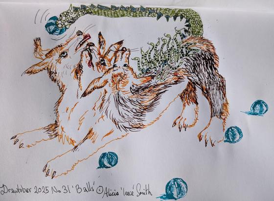 The serpent tail of a Cerberus play bowing teasingly shakes a ball which gets the attention of the three dog heads. Other balls lie scattered about ignored.