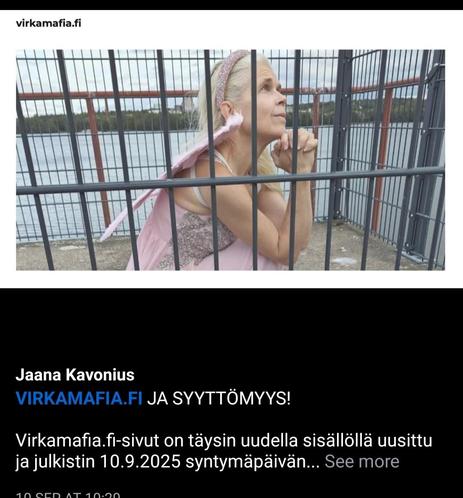 Lavastettu valokuva missä Jaana kyyhöttää pinkissä strassimekossa muka häkissä, kädet anovasti ristissä ja pinkit enkelisiivet selässä. 
Yllä teksti
virkamafia. fi