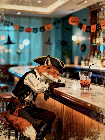 KI-Bild (Seedream 4.0):

Fritz ist am Tresen der Hotelbar eingeschlafen. Vor ihm ein halbleeres Glas mit Kürbisschnaps-Halloween-Drink. Die Bar ist ebenfalls für Halloween dekoriert.