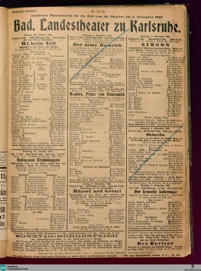 Bild: Theaterzettel vom 31. Oktober 1922, Badisches Landestheater Karlsruhe. Angekündigt werden Theateraufführungen für die Woche vom 30. Oktober bis zum 05. November 1922.