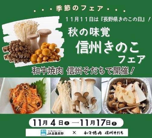 ～１１月１１日は『長野県きのこの日』～ 「和牛焼肉 信州そだち」で「秋の味覚。信州きのこフェア」を １１月４日(火)～１１月１７日（月）に開催 | NEWSCAST