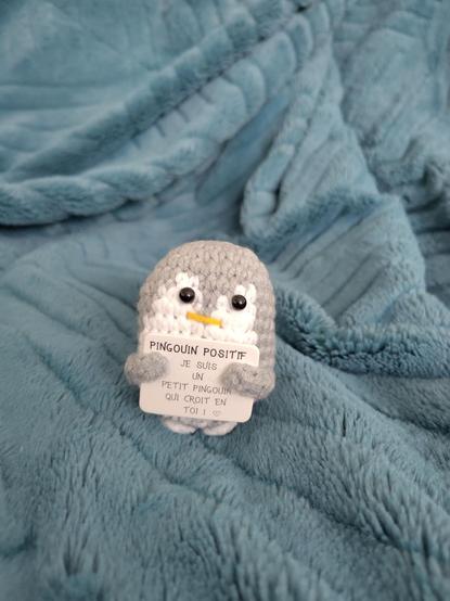 Un pingouin en tricot qui tient une pancarte : pingouin positif 
Je suis un petit pingouin qui croit en toi ! Avec un coeur
