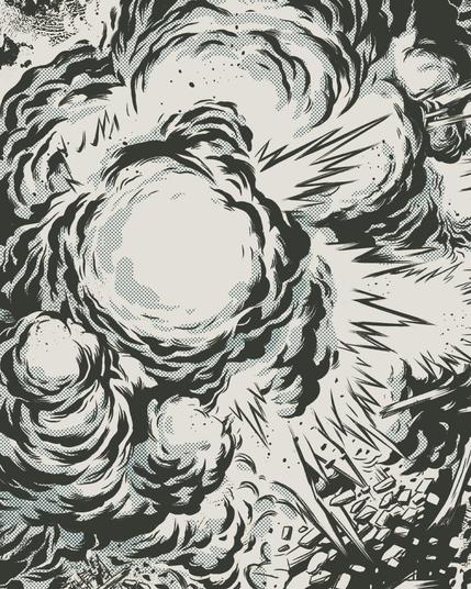 black&white drawing of a explosion with lots of smoke, bricks and pieces of concrete getting hurled around.