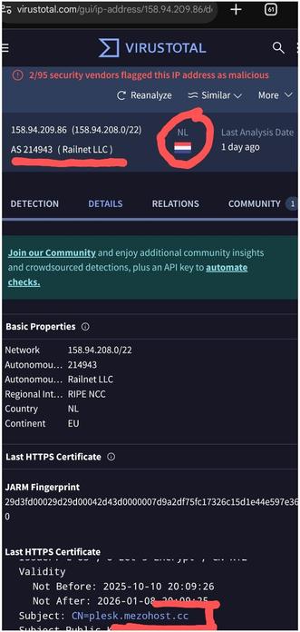 Screenshot van (de Details tab) van https://www.virustotal.com/gui/ip-address/158.94.209.86/details

Volgens VirusTotal is het IP-adres in bovenstaande URL van "RailNet LLC" met vestigingsland Nederland (elders op deze pagina, buiten beeld in de screenshot, staat:

organisation: ORG-LD194-RIPE
org-name: Lanedonet Datacenter
org-type: OTHER
remarks: Report your complaint:
remarks: abuse@lanedo.net
address: Strawinskylaan 3051 1077 ZX,Amsterdam,Netherlands
country: NL

Nb. dat soort gegevens kunnen vervalst zijn. In welk datacenter een server met een specifiek IP-adres staat, is veel eenvoudiger op te sporen. Pak de huurder van de server, de verhuurder en het datacenter aan!

Een van de laatste certificaten geassocieerd met dit IP-adres is voor de volgende domeinnaam:
plesk punt metahost punt cc