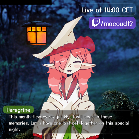A digital illustration of an original fantasy character named Peregrine. They have pink hair, prominent pointy ears, and wear a white-and-red pointy hat and an ornate outfit, standing outdoors at night under a glowing lantern. A text box over them says, "This month flew by so quickly. I will cherish these memories. Let's have one last get-together on this special night." In the top right corner, an overlay reads "Live at 14:00 CET" and shows a Twitch logo with the username /macoud12.