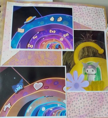 Top and bottom photos on a scrapbook show rainbow archways with lighted rims and Sanrio characters and hearts all over. The centre right image is kuromi inside a yellow watering can