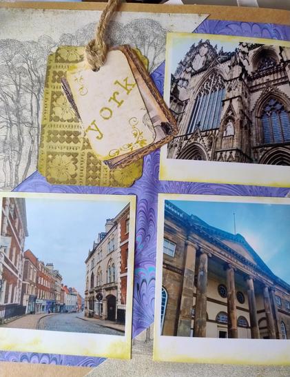 A scrapbook photo. There is a grungey tag in the top left that says "York", alongside a photo of a cathedral, a small alleyway and the museum of York