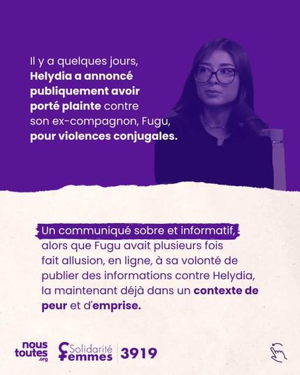 Un visuel sur fond violet avec Helydia en arriÚre-plan. Le texte indique qu'Helydia a annoncé publiquement avoir porté plainte contre Fugu pour violences conjugales, et que le communiqué de Helydia est sobre alors que Fugu avait déjà menacé de publier des informations.