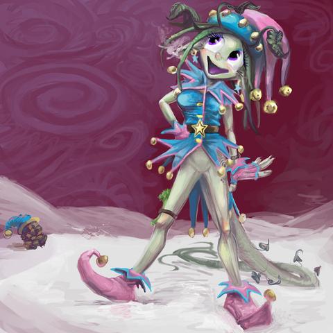 corny anthropomorphic plant person wearing fanciful christmas elf or magical jester-like garb without trousers, seemingly trying to look at something not visible to the viewer, amidst snowy surroundings