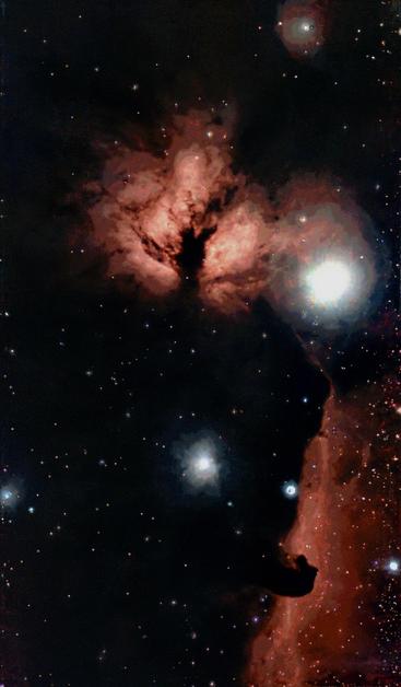 An image of a cosmic scene featuring a nebula with swirling clouds of gas and dust, illuminated by bright stars scattered throughout the dark background of space. The nebula showcases shades of red and orange against a star-filled sky.
Obraz kosmicznej sceny przedstawiającej mgławicę z wirującymi chmurami gazu i pyłu, oświetloną przez jasne gwiazdy rozrzucone po ciemnym tle kosmosu. Mgławica prezentuje odcienie czerwieni i pomarańczy na tle wypełnionego gwiazdami nieba.