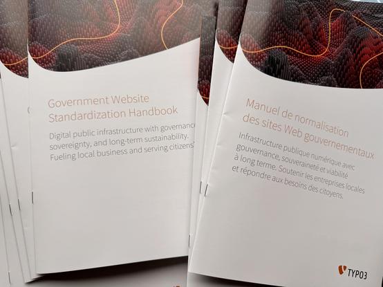 A stack of bilingual handbooks titled Government Website Standardization Handbook and Manuel de normalisation des sites Web gouvernementaux, featuring English and French text on public digital infrastructure.