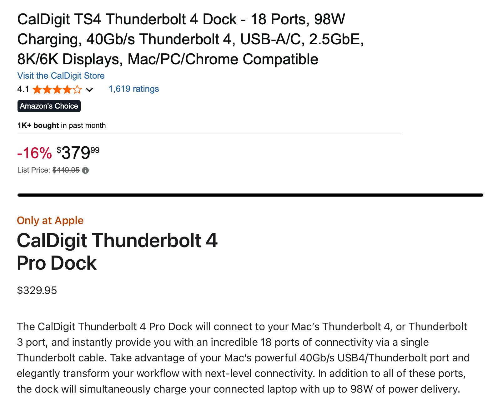Clips from store pages on Amazon and Apple showing the same product, a CalDigit Thunderbolt 4 laptop dock. Amazon is selling it for $379.99, pointing out that’s 16% under the list price of $449.95; Apple is selling it for $329.95.