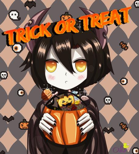 Licorice holding out a pumpkin bucket full of candy, expectantly awaiting more. Trick or Treat in big orange letters stretches across the screen. Purple-ish diamond pattern background with Halloween pixel decor.