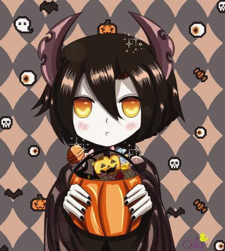 Licorice holding out a pumpkin bucket full of candy, expectantly awaiting more. Purple-ish diamond pattern background with Halloween pixel decor.