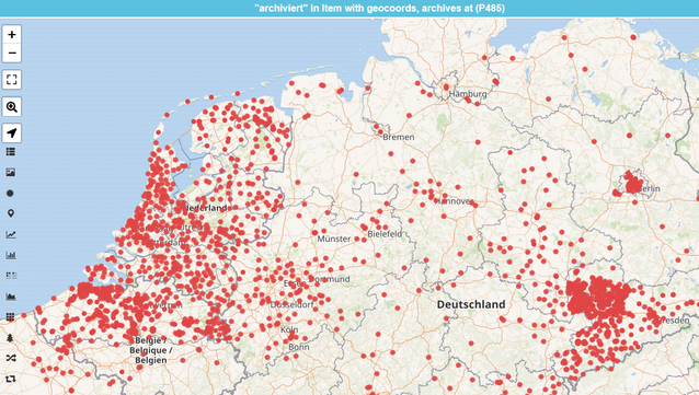 Screenshot eines Ausschnittes aus einer Karte, die im Ergebnis einer Wikidata-Abfrage entstand und Stellen anzeigt, deren Unterlagen in einem Archiv archiviert sind.