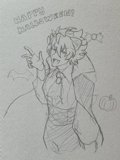 Pencil sketch of Ruairi Cromwell wearing a vampire costume.