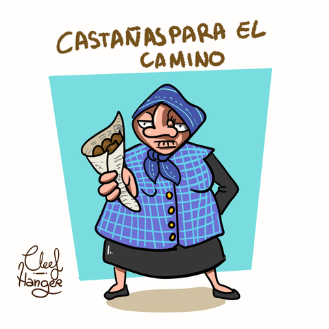 Una mujer castañera con su delantar a cuadritos y vestido negro típico más un pañuelo en la cabeza y un peazo verrugon en la nariz otorgandote el cucurucho supremo de castañas envuelto en periodico.