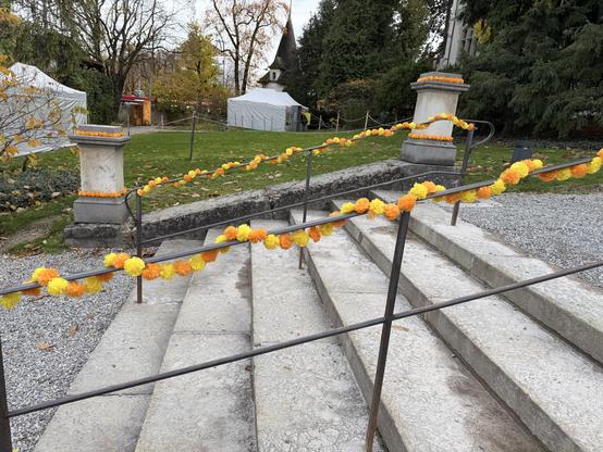 Der Treppen Aufgang geschmückt mit bunten Blumen
The staircase decorated with colored flowers