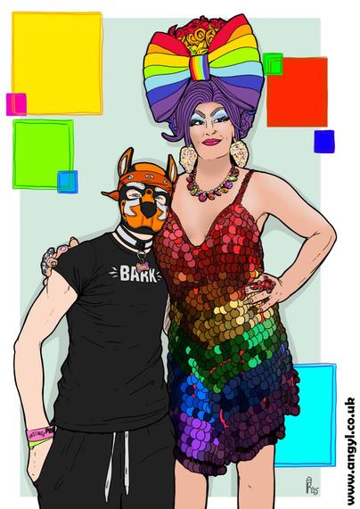 A digital illustration of Slink sthe orange pup and Nikki the rainbow hued drag queen.  Slinks is wearing black jogging bottoms, and a black tee shirt with the word bark on it in white text, he's also wearing a black and white collar with his name tag, and an orange bandana as a head band.  Nikki is sporting a tall rainbow wig with massive rainbow bow, ice lolly earrings, a multicoloured jewelled necklace, and strappy rainbow sequined dress.  The background is abstract squares of colour.
