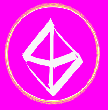 Image of the Integrating Hynni of Unity symbol, which looks like a 3-D diamond inside a golden circle, against a magenta background.