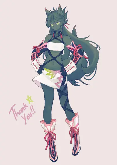 An illustration of a foxgirl with black fur and green eyes; she's dressed like Milla from Tales of Xillia, whose outfit is a white top and skirt decorated with red and black ribbons