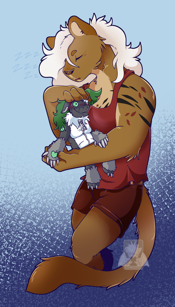 a lioness anthro is asleep, in her arm - help tightly against her chest - a obstagoon - protogen plushie.