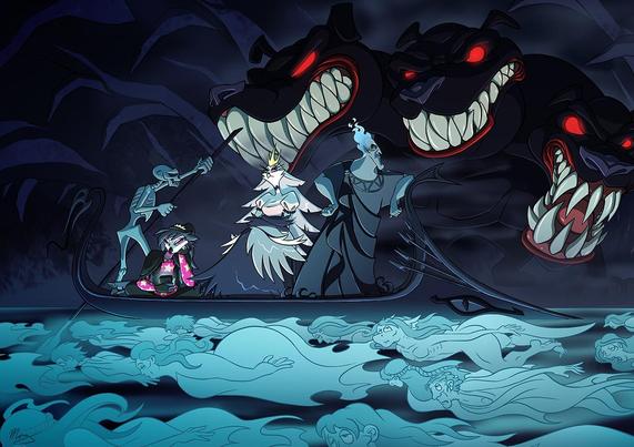 Disneys Hades, Stella and Octavia from Helluva Boss and a skeletal minion sail along the river styx. various tortured souls float along in the river. in the background, Cerberus poses menacingly. everyone looks annoyed or bored.