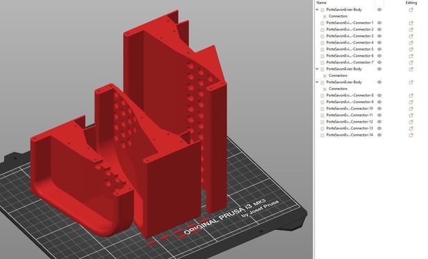Screenshot of the soap dish model sliced in PrusaSlicer. It is splitted in 3 parts.