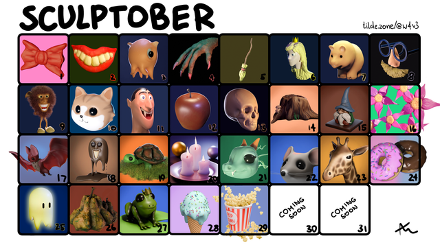 A grid with all sculptober creations from october the 1st to the 31st. Each described in their seperate posts on the day I sculpted them.
