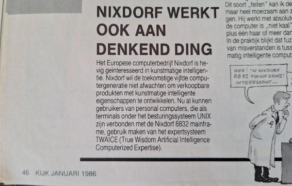 Artikel in de KIJK over Nixdorf machine met TWAICE expertsysteem, bereikbaar met een personal computer met UNIX terminaldie bena