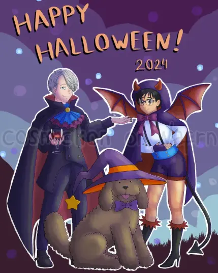 Digital fully rendered illustration of Viktor Nikiforov, Yuuri Katsuki and Makkachin from Yuri!!! On Ice. Viktor is wearing a dark blue vampire costume with a long cape that is red on the inside and a blue and purple piece on his neck with a golden circle. His nails are painted black. Yuuri is wearing a demon costume consisting on a long sleeved white shirt, purple shorts with a red hem and a wide blue belt, black straps, a purple bowtie, a purple cape that is red on the inside and has a hood with tiny red horns, black boots up to his calves, purple fingerless gloves and a black demon tail. His nails are also painted black. Makkachin is wearing a purple and orange witch hat that has a five pointed yellow star on the tip and a purple bowtie. Viktor is holding a glass with a red liquid on his right hand, gesturing with his left hand and smiling at the viewer. Yuuri is taking a bow, putting his left hand behind his back and his right hand to his chest and also smiling at the viewer. The background is a pattern of clouds and circles that go from dark purple on the top to light blue at the bottom and there is a silhouette of some grass in dark purple. On the top it says "Happy Halloween! 2024" in whimsy orange font.