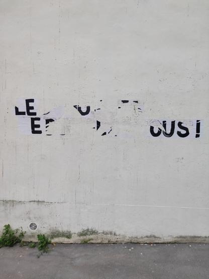 Un collage mural avec un message écrit en grandes lettres majuscules noires sur un mur blanc. Plusieurs lettres sont déchirées, on ne peut accéder au sens du message qui commence par LE et se termine par OUS !
Tout en bas de la photo à gauche, une grille d'aération et un peu d'herbe sauvage prenant racine sur le trottoir.
