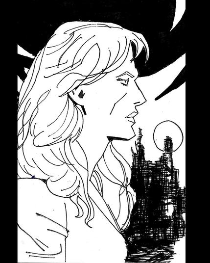 Dibujo con tinta de Alucard, de Castlevania. Posa de perfil, con el castillo de Drácula al fondo, delante de una luna llena.