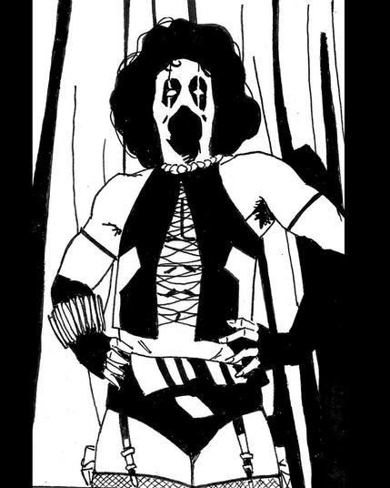 Dibujo con tinta del Dr. Frank N' Further de Rocky Horror Picture Show con la máscara de Deadpool. Lleva munición en uno de sus guantes y cartucheras en las medias de rejilla. De fondo, un telón.