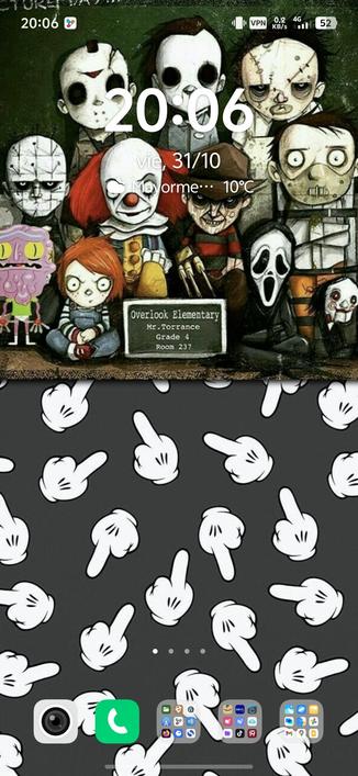 Captura de pantalla de escritorio de smartphone con varios personajes del cine de terror en dibujos animados y manos de Mickey enseñando el dedo corazón.