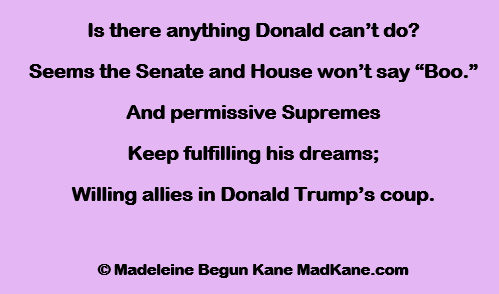 Is there anything Donald can’t do?
Seems the Senate and House won’t say “Boo.”
And permissive Supremes
Keep fulfilling his dreams;
Willing allies in Donald Trump’s coup.

© Madeleine Begun Kane MadKane.com