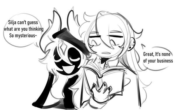 Art featuring human silja whose name is wynne reading a book, While having eldritch silja behind her saying "Silja can't guess what are you thinking, So mysterious~" to which human silja replied "Great, It's none of your business"
