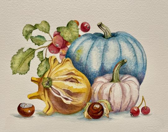 A still life arrangement of rounded gourds and smooth chestnuts rests beside leafy branches and small crab apples, blending natural shapes and textures into a balanced autumn composition.