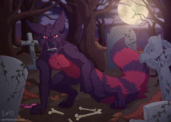 A snarling werefox with piercing red eyes, makes eye contact with the viewer. He is prowling a graveyard under the full moon. There are broken bones ah his feet.