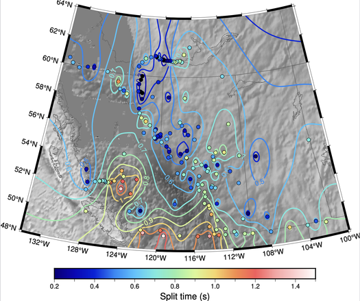 A figure from Andrew Fredericksen's presentation showing contours of shear-wave split times for much of British Columbia and Alberta. The dots are broad-band seismometer stations.