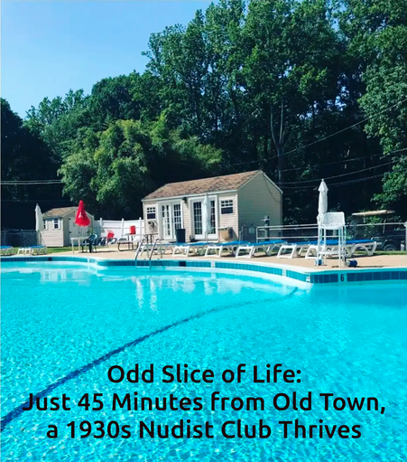 Ein rechteckiger Schwimmbereich füllt den unteren Teil des Bildes, mit einem flachen, reflektierenden Türkiston, der im Licht schimmert. Direkt über dem Schwimmbecken steht ein helles Gebäude mit einem dunklen braunen Dach. Mehrere Liegestühle stehen in einer Reihe vor dem Gebäude. Hinter dem Gebäude befinden sich Bäume, die das Bild einrahmen. Über dem Schwimmbecken steht der Text "Odd Slice of Life: Just 45 Minutes from Old Town, a 1930s Nudist Club Thrives".