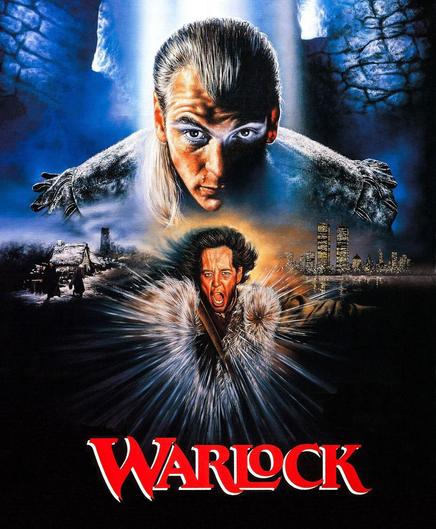 Film poster for the cult 1980s horror-fantasy, WArlock, showing painted versions of Julian Sands and Richard E Grant