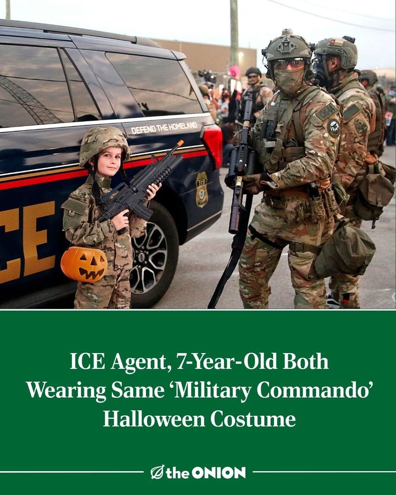 Photo by Ben Collins on October 31, 2025. May be an image of ‎military uniform, costume and ‎text that says '‎DEFEND DEFENDTHEHOMELAND THEHOMELAND E ش ICE Agent, 7-Year-Olo Old Both Wearing Same 'Military Commando' Halloween Costume the ONON‎'‎‎.