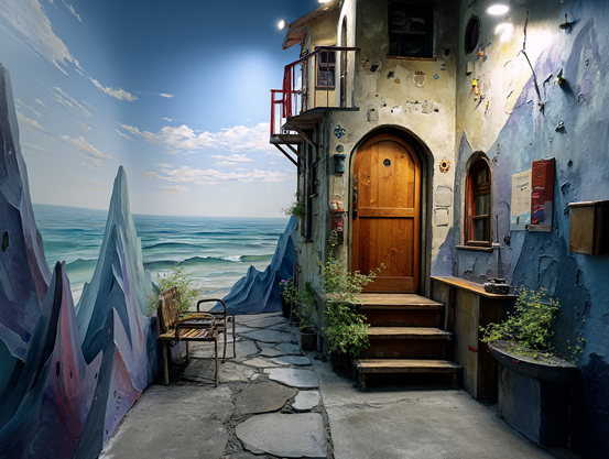 A surreal rustic building with a sturdy wooden door, a cracked concrete patio with a wooden bench, and reality wrapping itself around in a curving seascape.