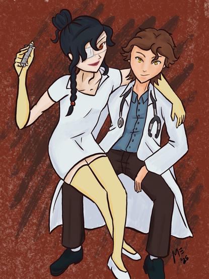 Digital color drawing of Xie Lian as a Dr and Hua Cheng as a sexy nurse. HC is sitting on one of XL legs with one arm around XL’s neck and the other holding a syringe, both are looking at the viewer. XL is wearing a blue shirt with dark pants and a white lab coat and a stethoscope around his neck. HC is wearing a tight white nurse dress with yellow rubber gloves that reach his elbows and high thighs.