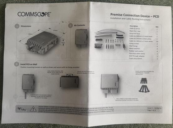 First page of Commscope Premise Connection Device (PCD) installation guide, dated 16/08/13, issue 5.