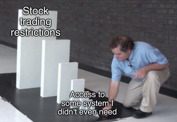 Biggest domino: Stock trading restrictions

Smallest domino: Access to some system l didn't even need