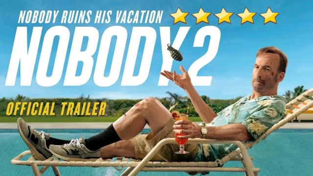 poster for the movie Nobody 2 showing a man on a sun lounger in an Hawaiian shirt tossing a grenade into the air