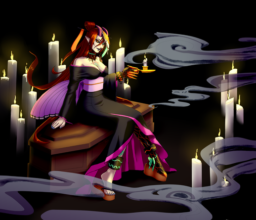 Inaries surrounded by candles on a coffin with whispy smoke dressed in a butterfly yukata/kimono top chest exposed the dress is pink lavender and black red hair orange claw hand and green circuits. Sultry smile.